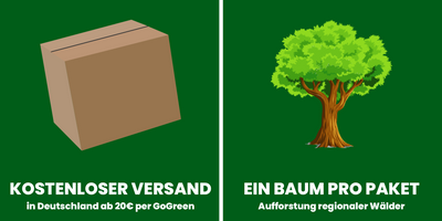 Wir bieten kostenlosen Versand und forsten mit einem Baum pro Paket unsere Wälder auf